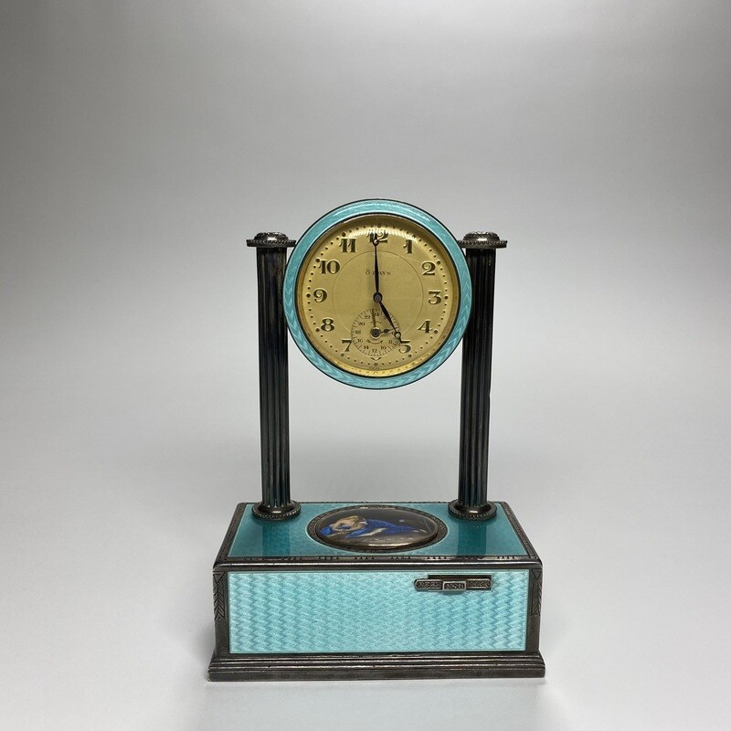 A Fine Enameled Swiss-Made Guilloché 8-Day Turquoise Singing Bird Alarm Clock by Charles-Armand Marguerat