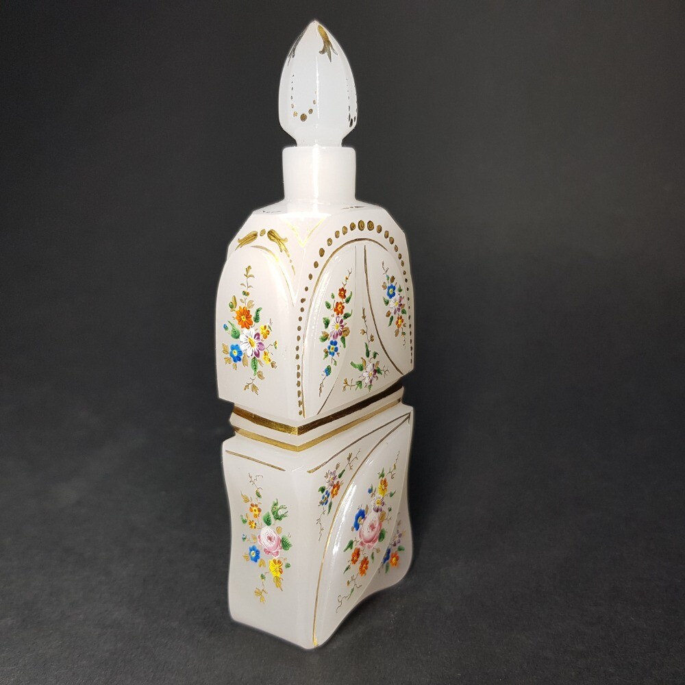 Beautiful Biedermeier Bohemian Czech Opaline Hand Painted Perfume Bottle 1870s