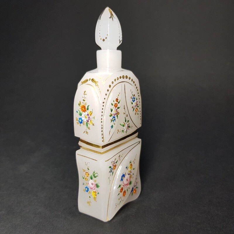 Beautiful Biedermeier Bohemian Czech Opaline Hand Painted Perfume Bottle 1870s