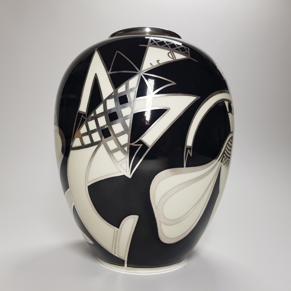 German Mid-Century Large Black /White Enamelled Porceline Vase With Silver Overlay Designed by Johann Haviland