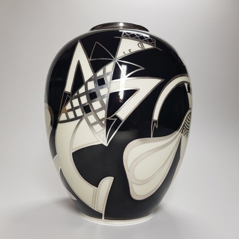 German Mid-Century Large Black /White Enamelled Porceline Vase With Silver Overlay Designed by Johann Haviland