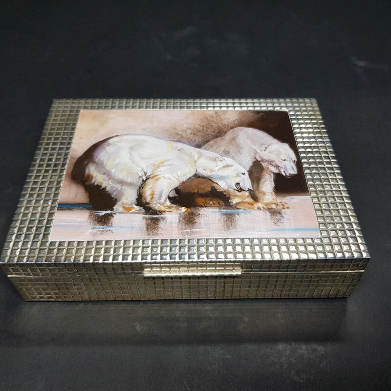 Art Deco German Silver Box With Enamel on Cooper Polar Bears Motive