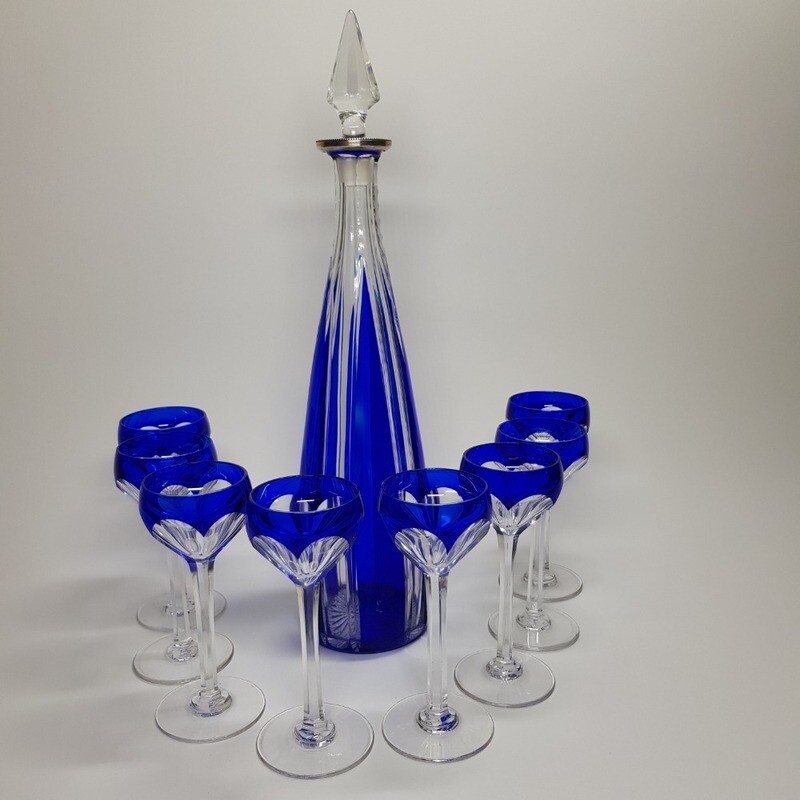 French Cobalt Blue Glass Decanter with 8Glasses Art Deco 1930s