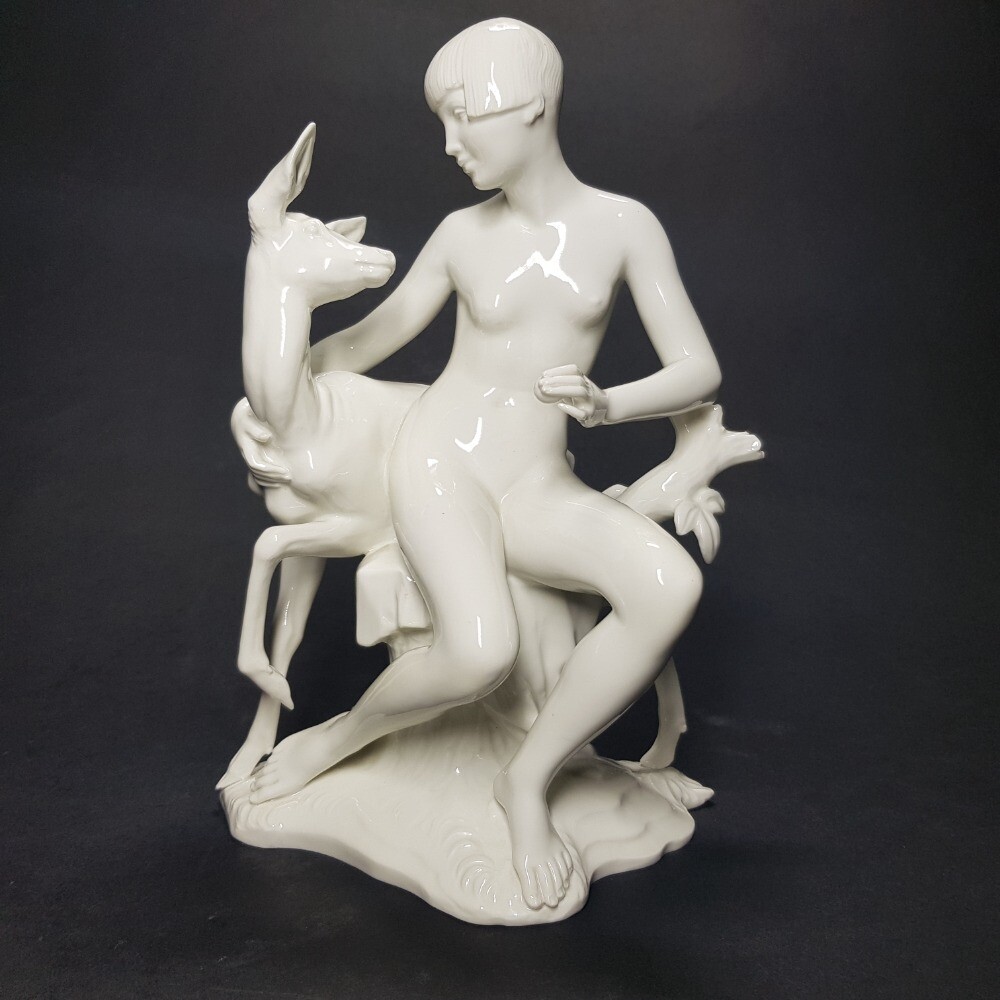 Rosenthal Art Deco Porceline Statue of a Nude Female with Deer statue by Th.Karner 1930