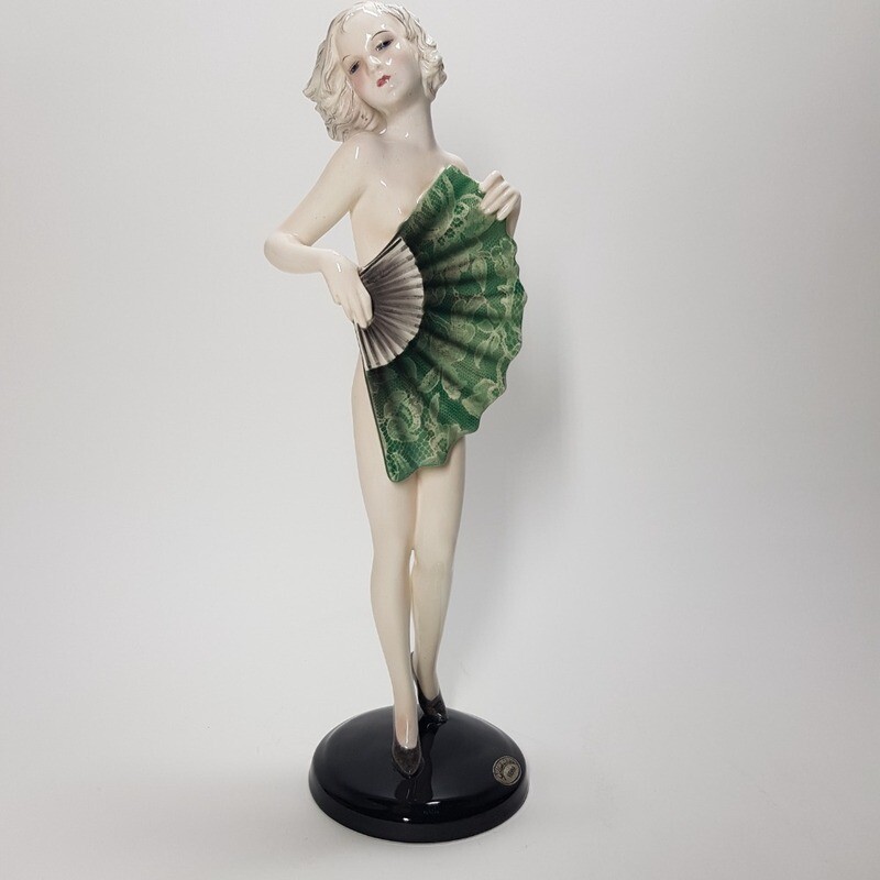 Beautiful Austrian Lorenzl Ceramic Nude Female statue with Fan 1930s Art Deco