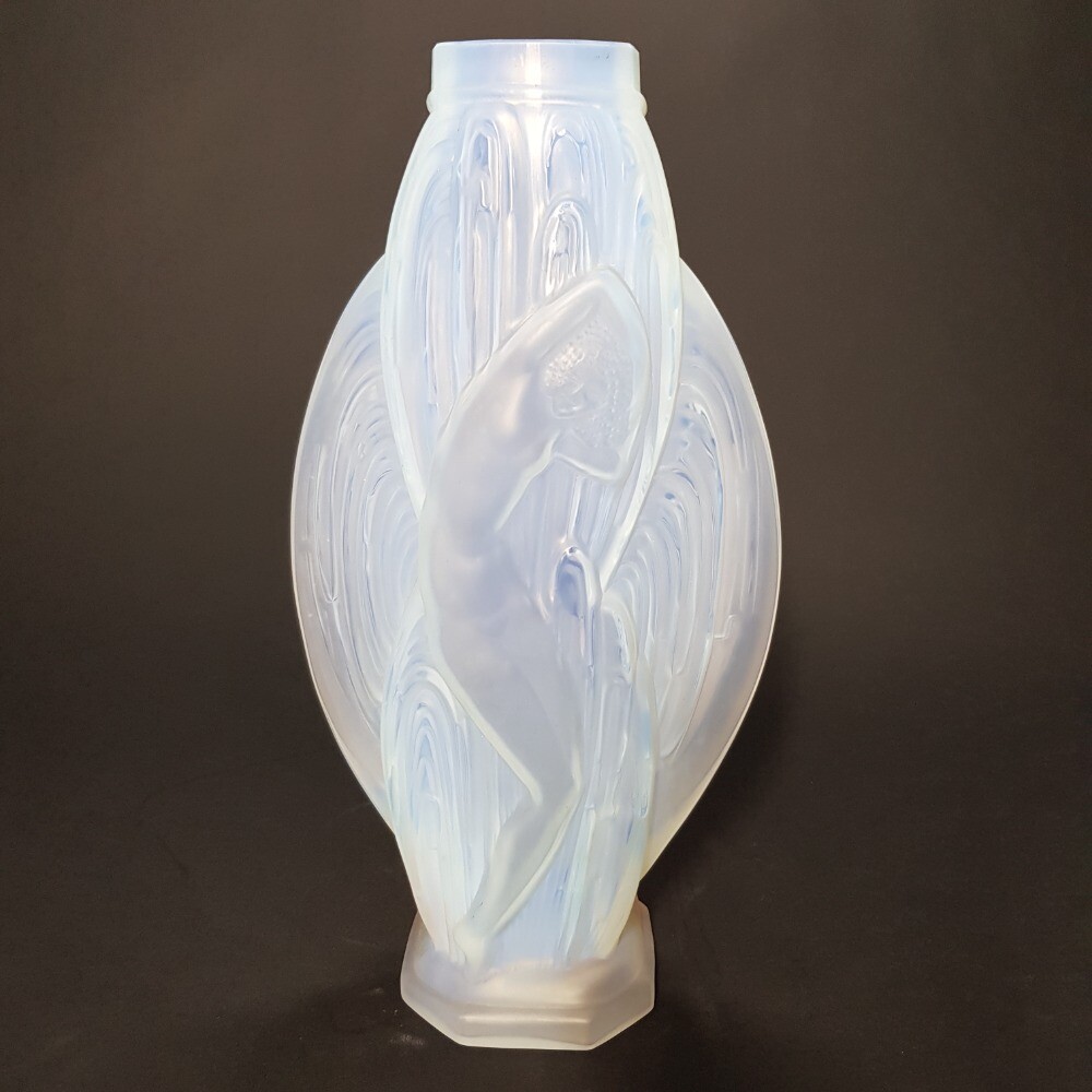 Rare Over Sized Etling French Art Deco Nude Opaline Glass Female Vase 1930s