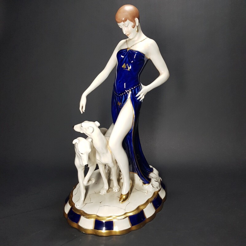 Royal Dux Czechoslovakia Art Deco Lady With Greyhound Dogs 1930s