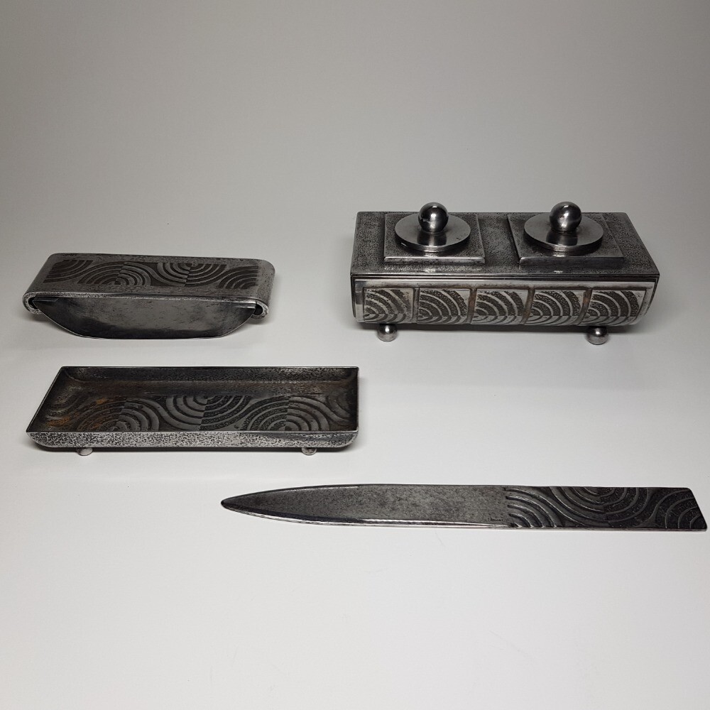 Edgar Brandt French Iron Inkwell 4pc Set Art Deco 1930s