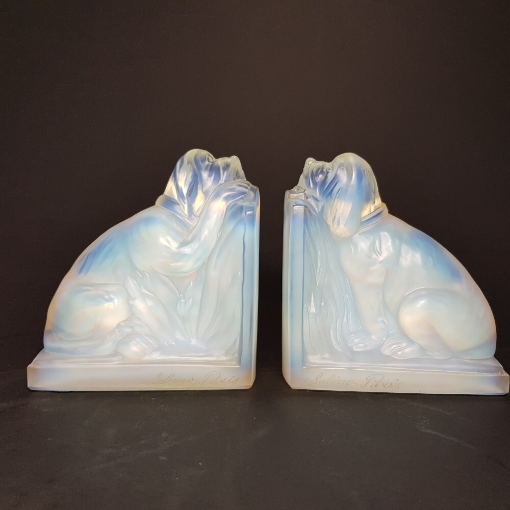 Sabino Opaline French Glass Art Deco Dog  Bookends 1930s