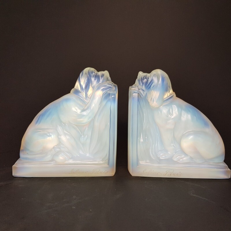Sabino Opaline French Glass Art Deco Dog  Bookends 1930s
