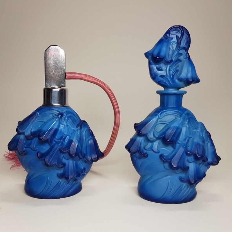 Lapis Glass Czech Art Deco 2pc Perfume Bottle set 1930s