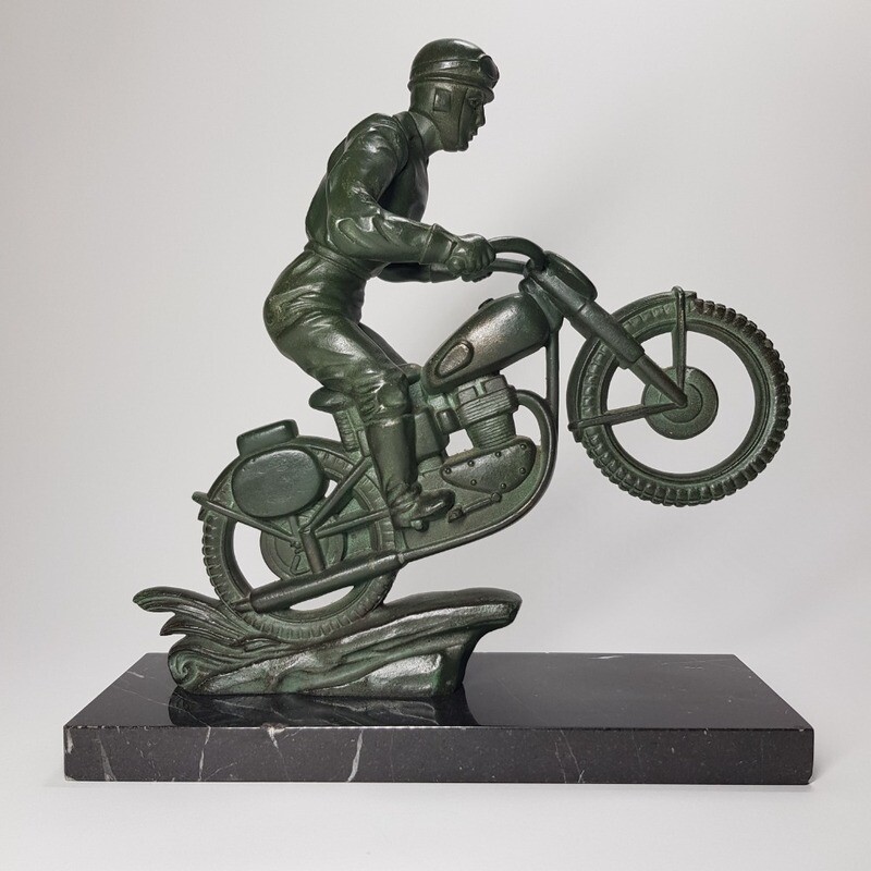 French Art Deco Art Metal Statue of the Motorbike Racer 1940s