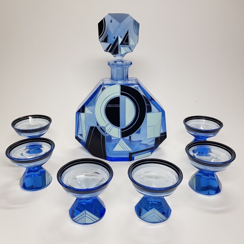 Beautiful and Eztravagant Art Deco Glass Karel Palda Decanter Set 1930s