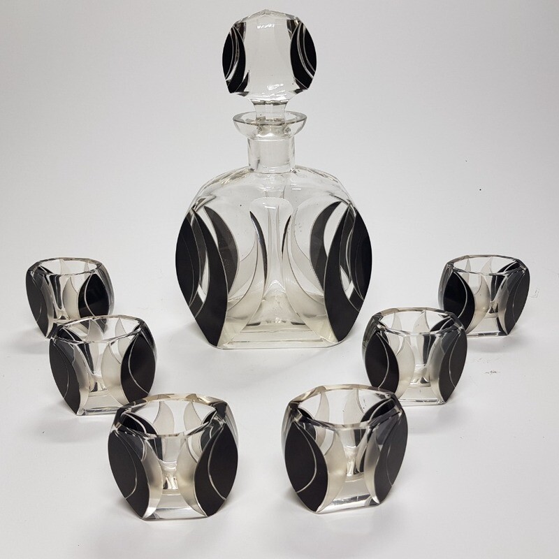 Black Enamel Glass Art Deco Czechoslovakian Karel Palda Decanter Set 1930s