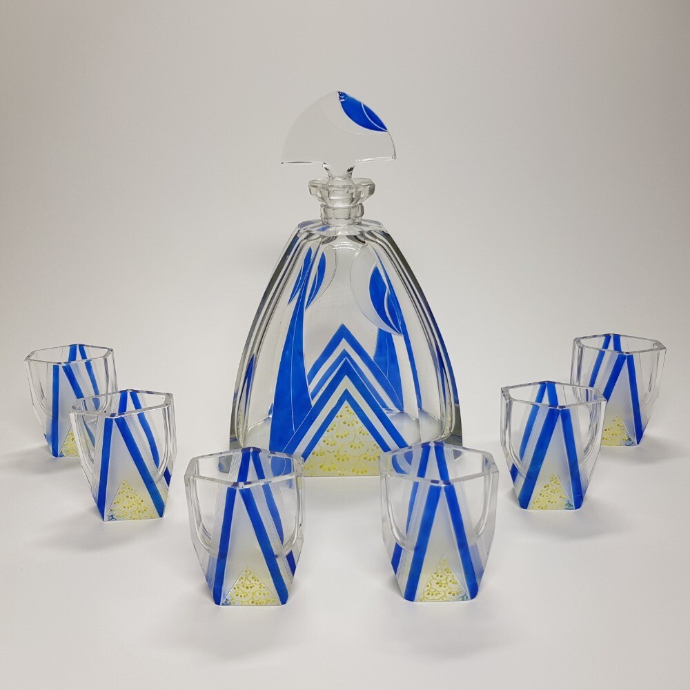 Art Deco Blue Enamel Glass Karel Palda Decanter Set Czechoslovakia 1930s