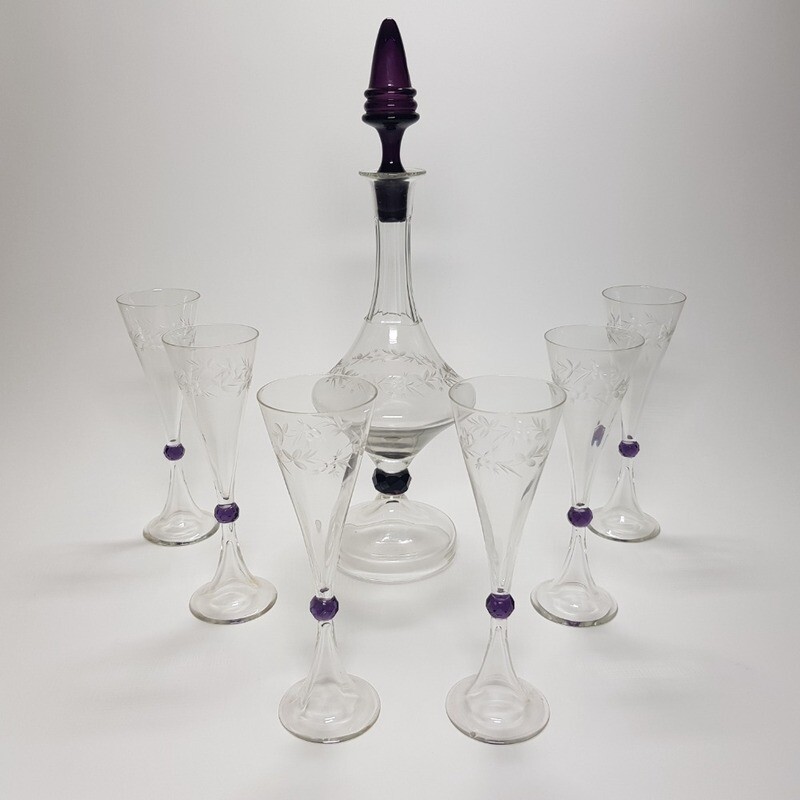 Extravagant Art Deco Glass Decanter Set Czechoslovakia 1930s