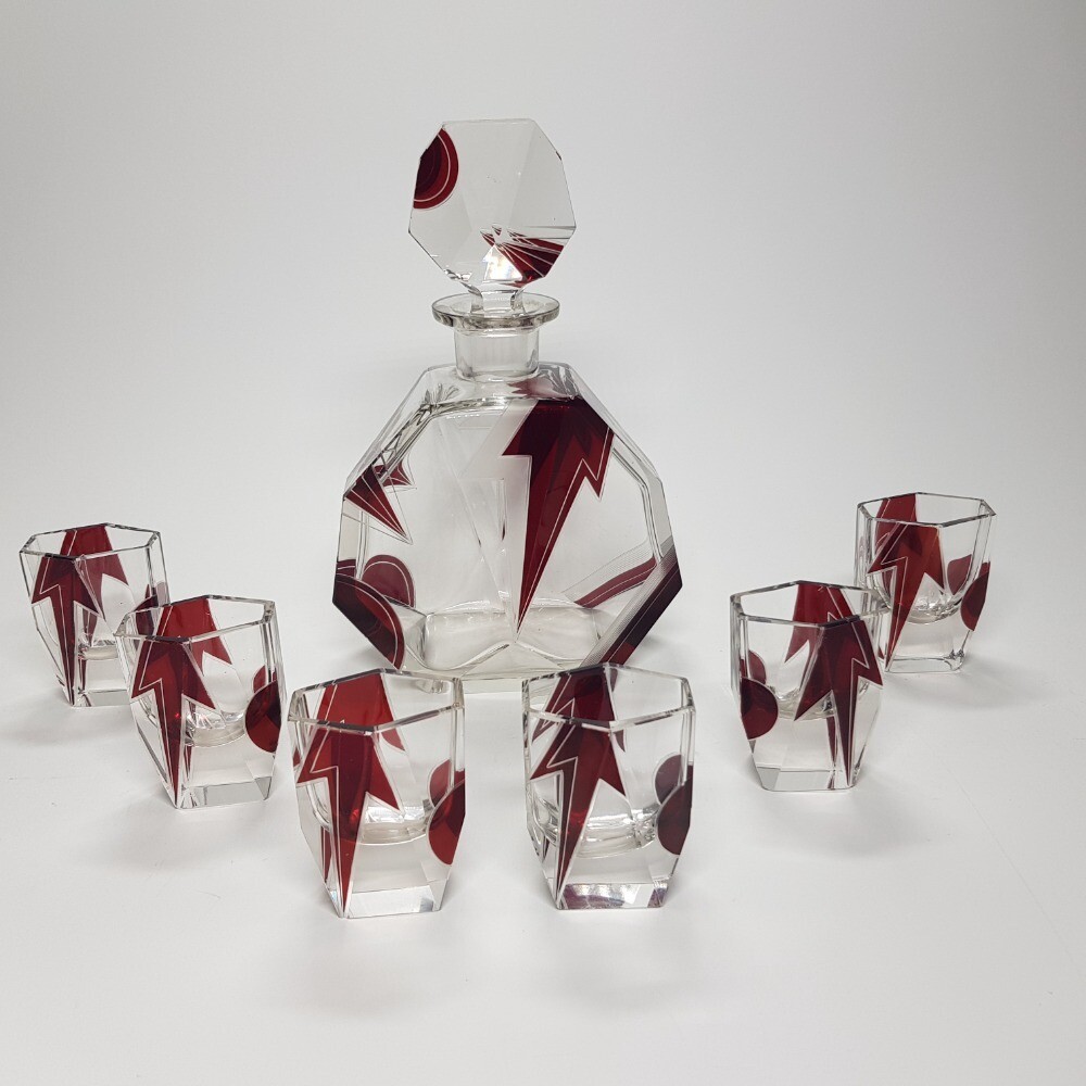 Art Deco Karel Palda Glass Decanter Set Ruby and Crystal 1930s