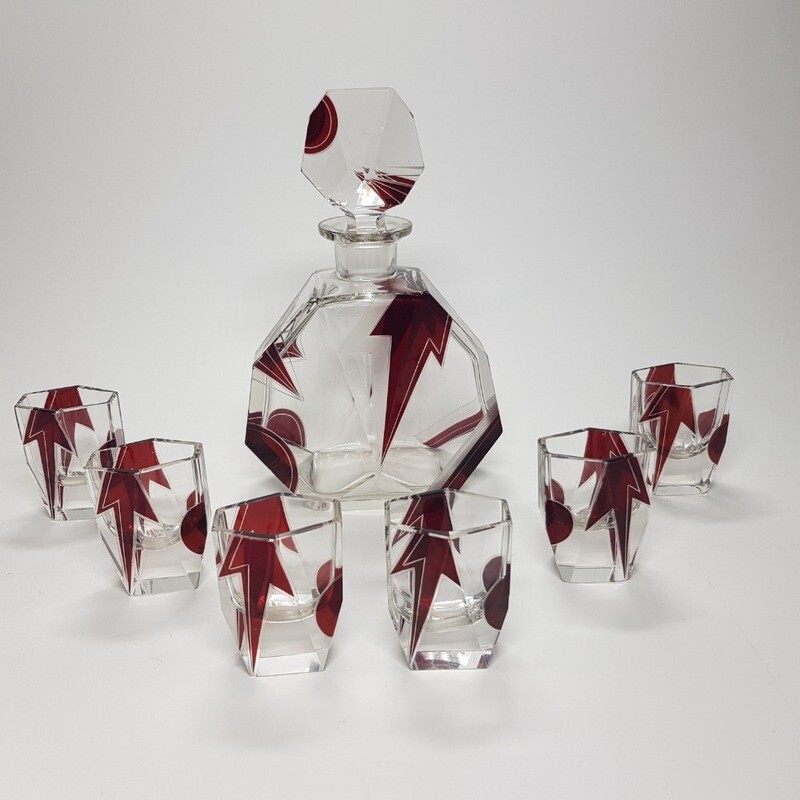 Art Deco Karel Palda Glass Decanter Set Ruby and Crystal 1930s
