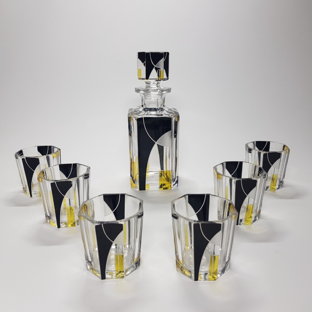 Art Deco Black and Yellow Enamel Whiskey Glass Decanter Set by Karel Palda Czechoslovakia 1930s