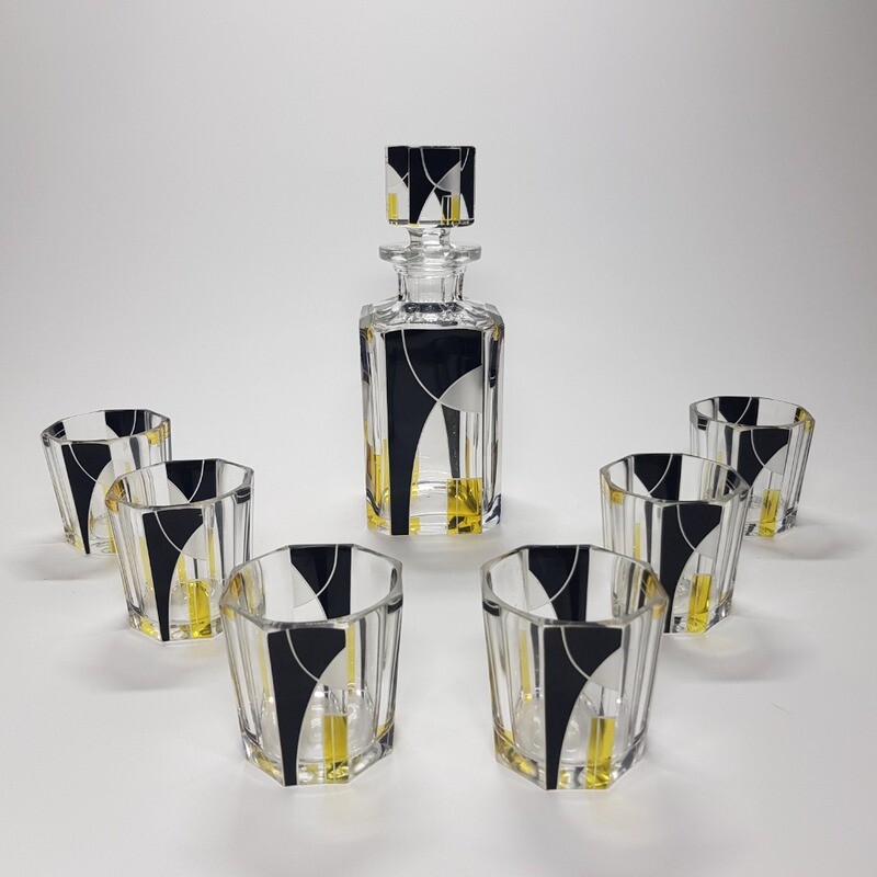 Art Deco Black and Yellow Enamel Whiskey Glass Decanter Set by Karel Palda Czechoslovakia 1930s