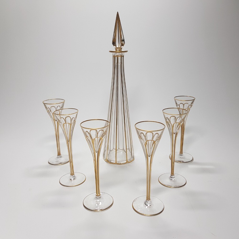 Gold Elegant Art Deco Decanter Set Czechoslovakia 1930s