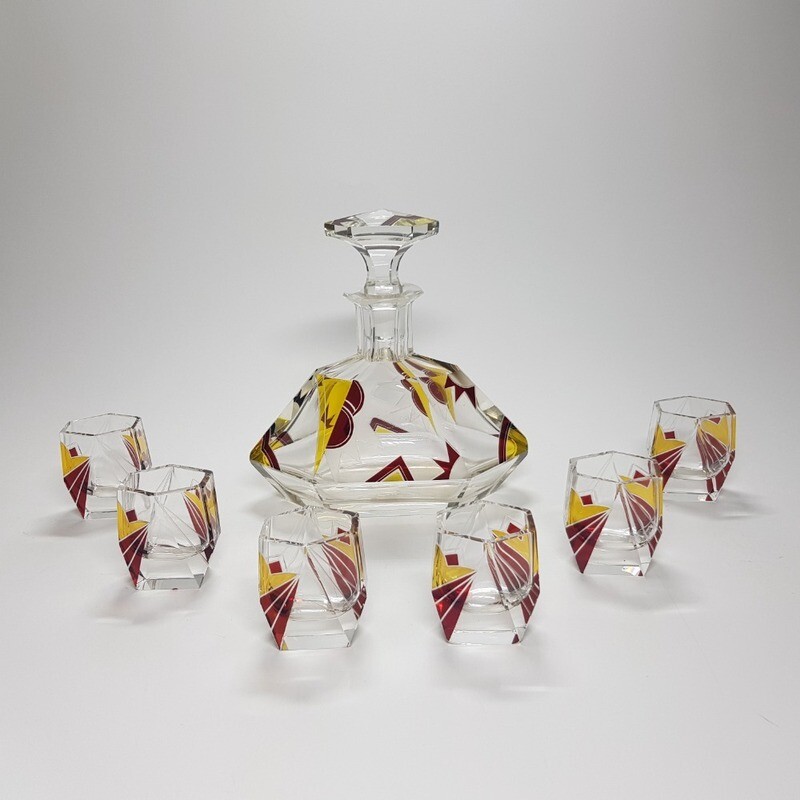 Ruby and Yellow Art Deco Glass Decanter set by Karel Palda Czechoslovakia 1930s