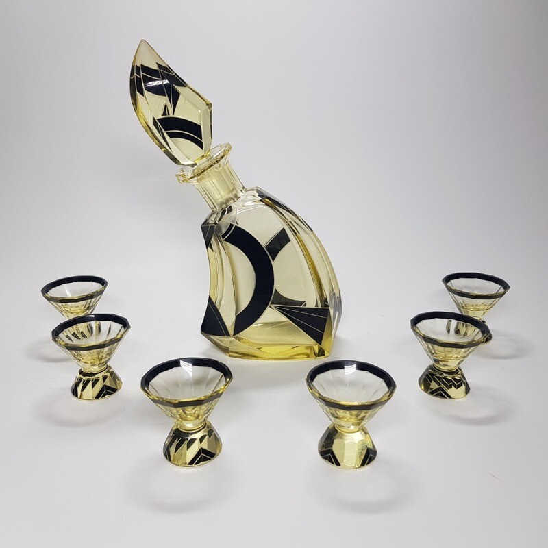 Yellow and Black Art Deco Karel Palda Glass Decanter set