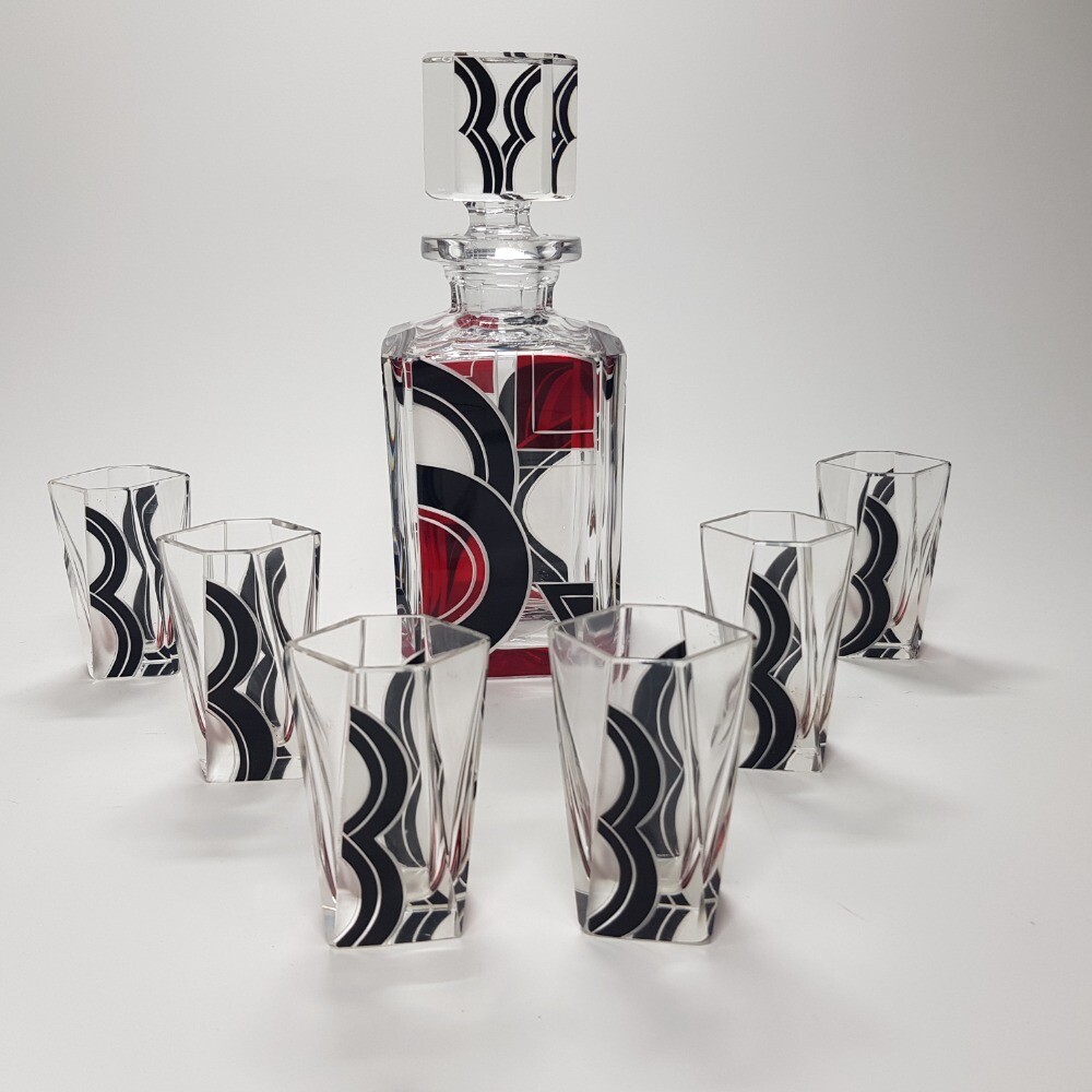 Ruby and Black Enamel Art Deco Glass Decanter set by Karel Palda Czechoslovakia