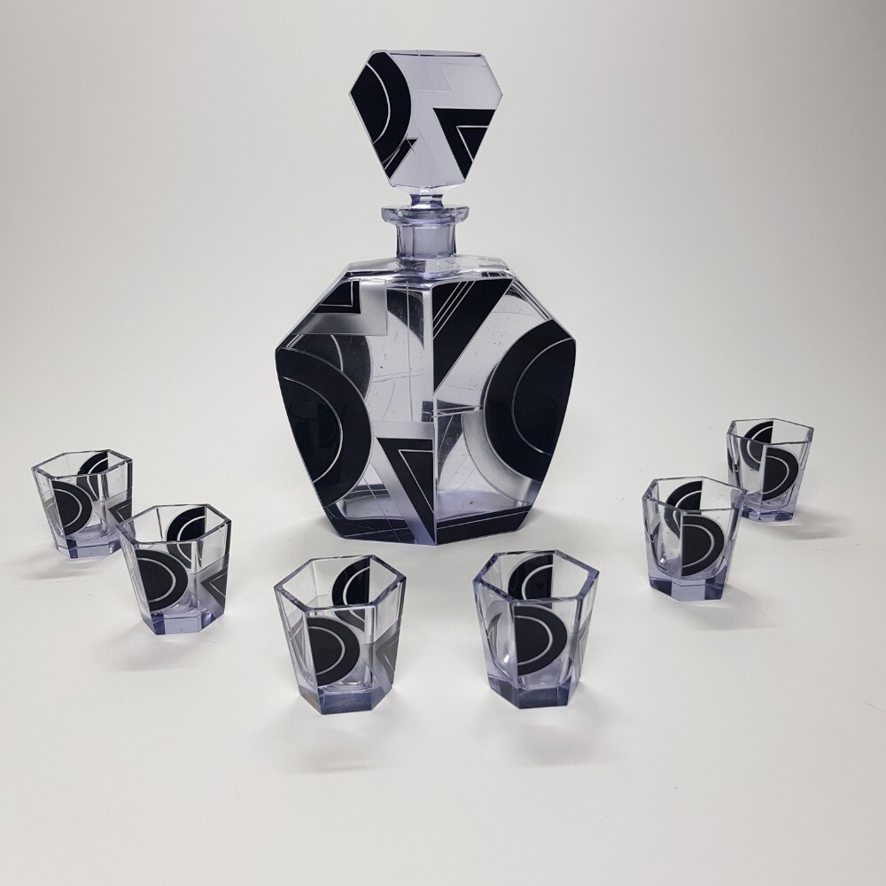 Amethyst Glass Black Enamel Decanter set by Karel Palda Czechoslovakia 1930s