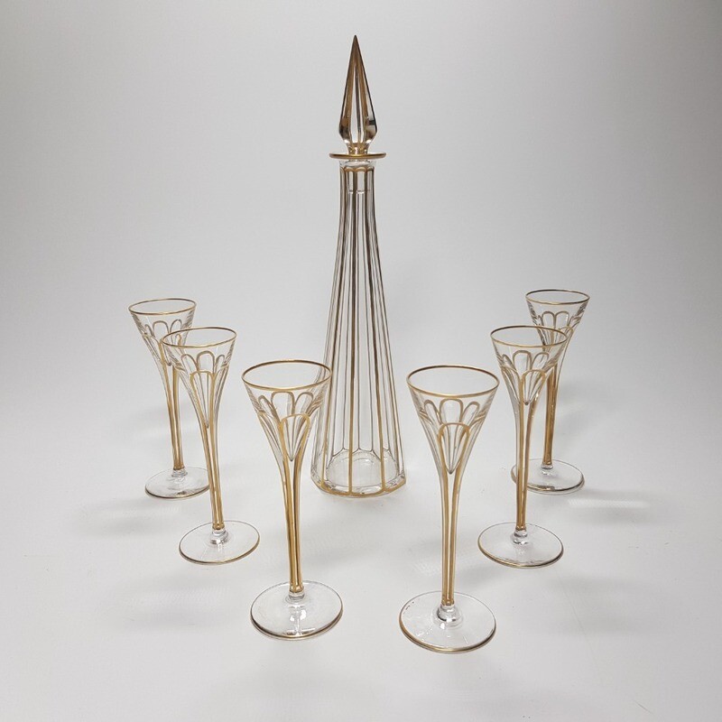 Gold Elegant Art Deco Decanter Set Czechoslovakia 1930s