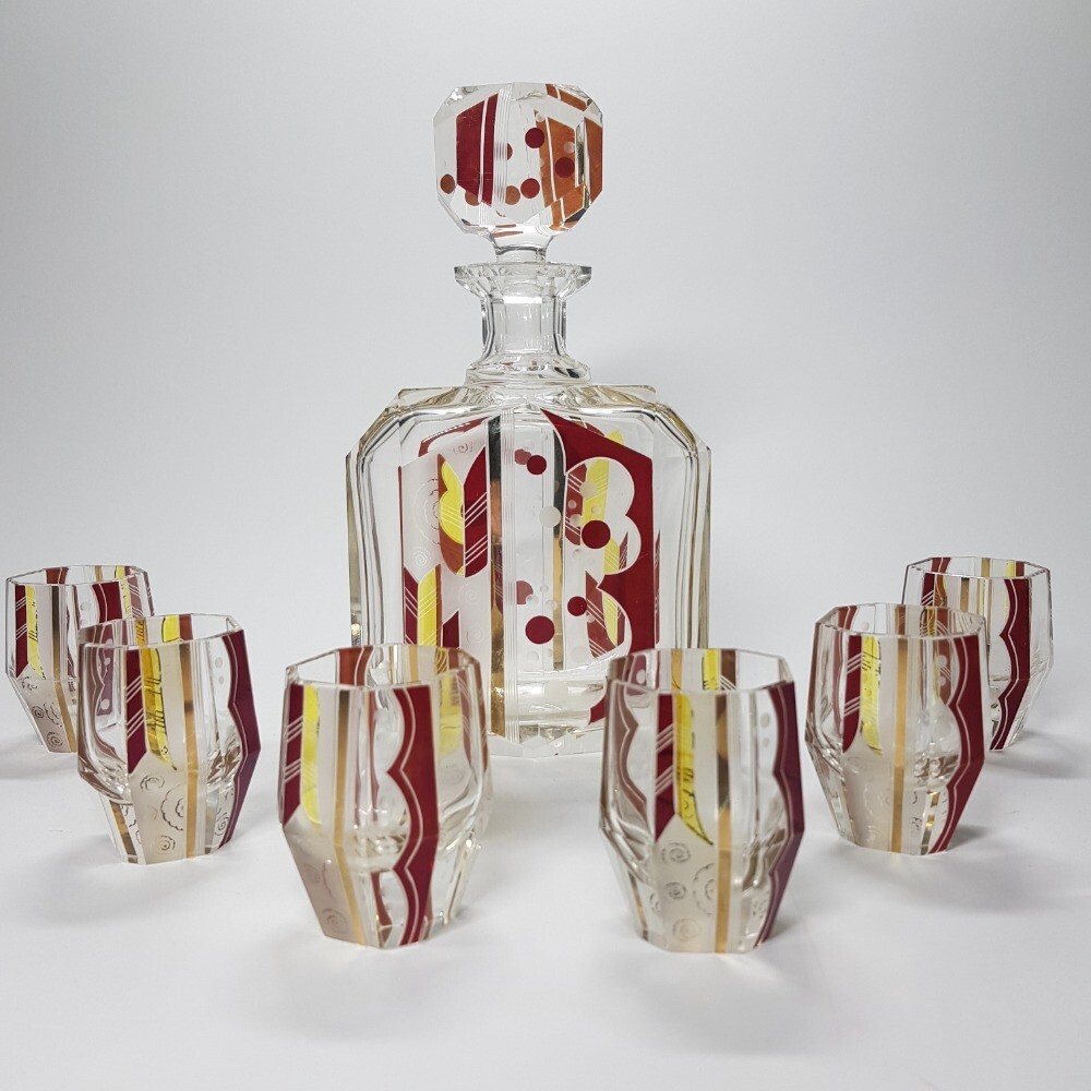 Art Deco Glass Karel Palda Glass decanter Set Czechoslovakia 1930s