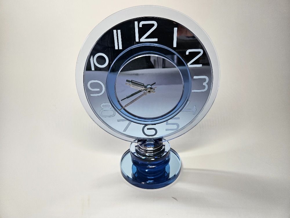 Art Deco French Chrome and Blue Glass Huge Clock 1930s
