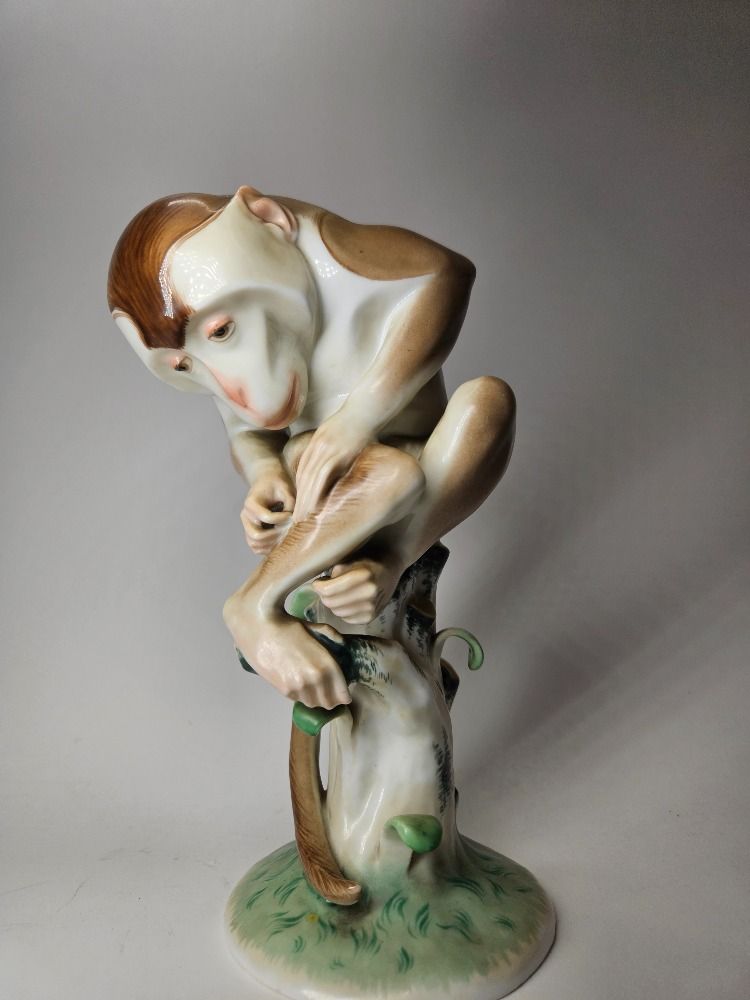 Beautiful Art Deco Porcelain Monkey Statue By Austrian Company Augarten 1930s