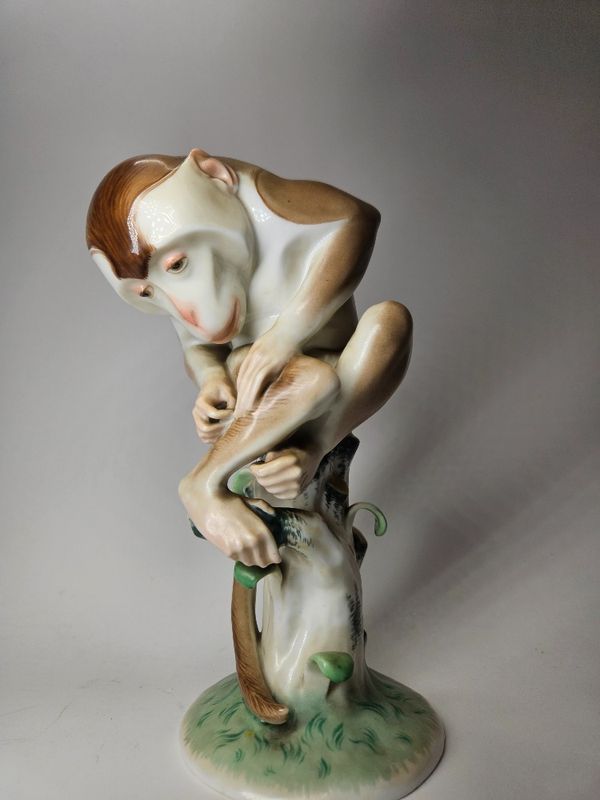 Beautiful Art Deco Porcelain Monkey Statue By Austrian Company Augarten 1930s