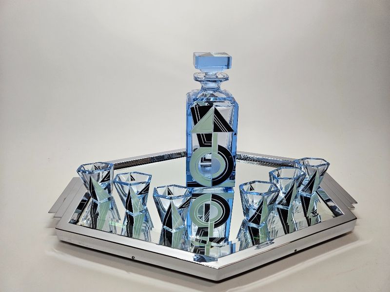 Karel Palda Art Deco Blue Enamel  Glass Decanter Set