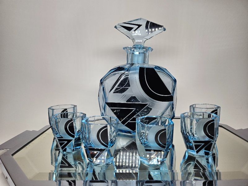 Blue Art Deco Glass Decanter Set Karel Palda Czechoslovakia 1930s