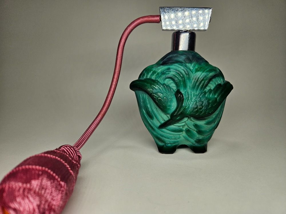 Malachite Glass Bird Art Deco Perfume Bottle Atomizer by H.Hoffmann Ingrid Czechoslovakia 1930s