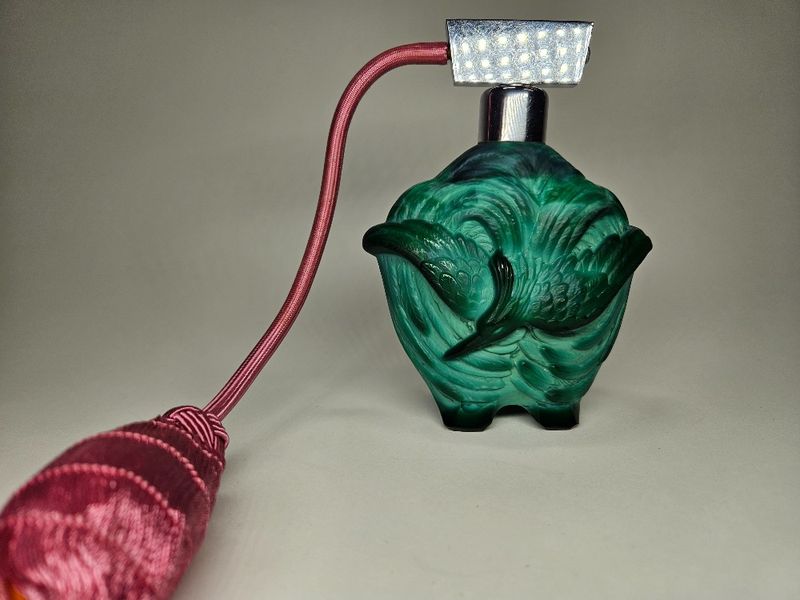 Malachite Glass Bird Art Deco Perfume Bottle Atomizer by H.Hoffmann Ingrid Czechoslovakia 1930s