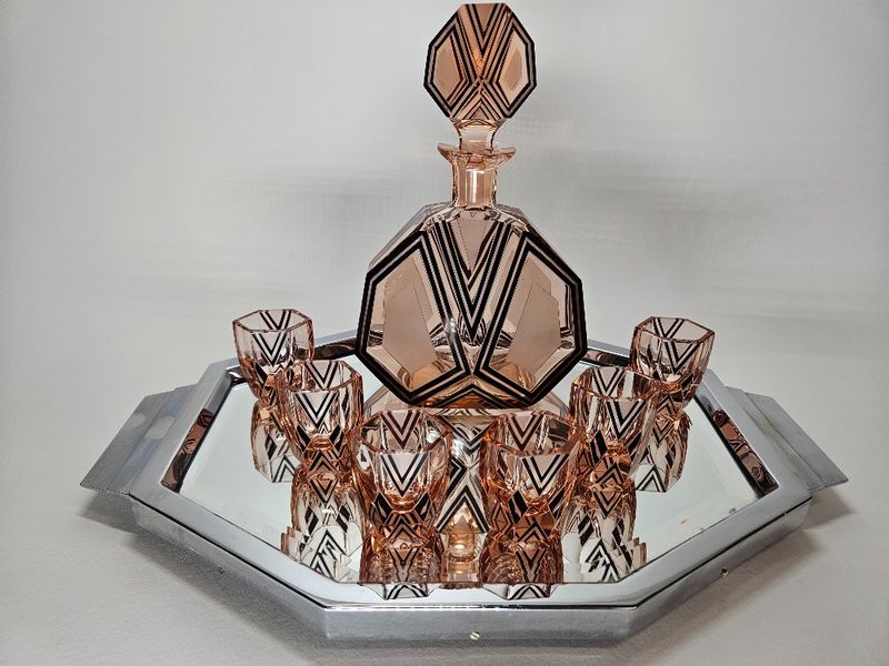 Art Deco Pink Glass Decanter Set by Karel Palda Czechoslovakia 1930s