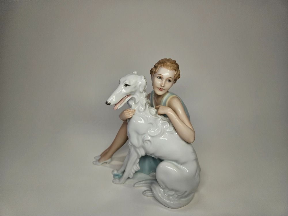 Art Deco Beautiful Porceline Statue Lady with Dog by Schlaggenwald/Slavkov Czechoslovakia Anniversary Mark 1922