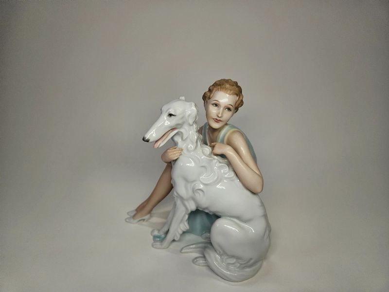 Art Deco Beautiful Porceline Statue Lady with Dog by Schlaggenwald/Slavkov Czechoslovakia Anniversary Mark 1922