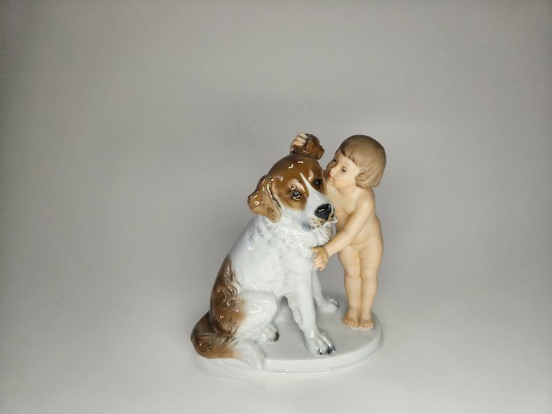 German Rosenthal Porcelain Statue Boy withDog Art Deco 1930s