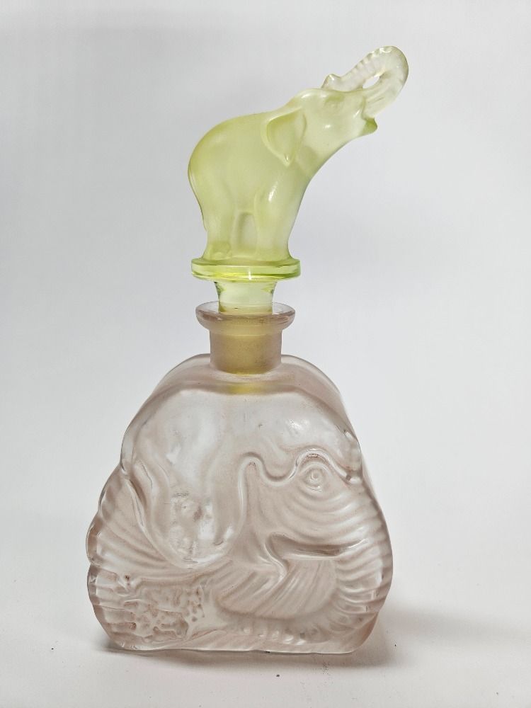 Elephant Glass Art Deco  Perfume Bottle By Ingrid Hoffmann Czechoslovakia 1930s Vaseline