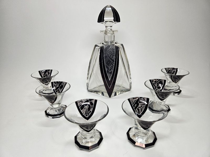 Beautiful Art Deco Glass Karel Palda Decanter Set Czechoslovakia 1930s