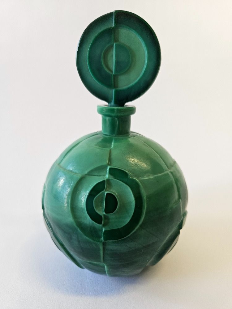 Czhoslovakian Art Deco Malachite Glass Perfume Bottle by Ingrid Company 1930s