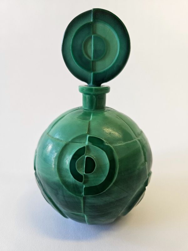 Czhoslovakian Art Deco Malachite Glass Perfume Bottle by Ingrid Company 1930s