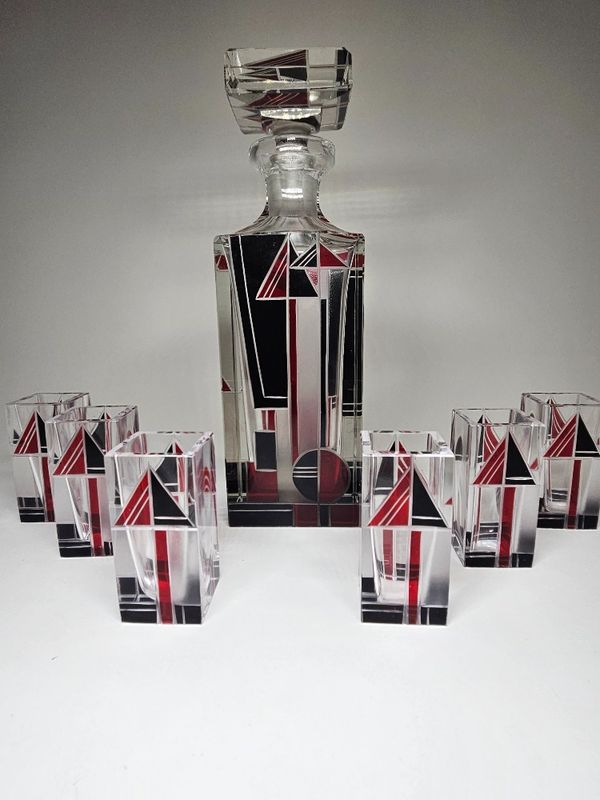 Art Deco Karel Palda Glass Decanter Set Czechoslovakia 1930s