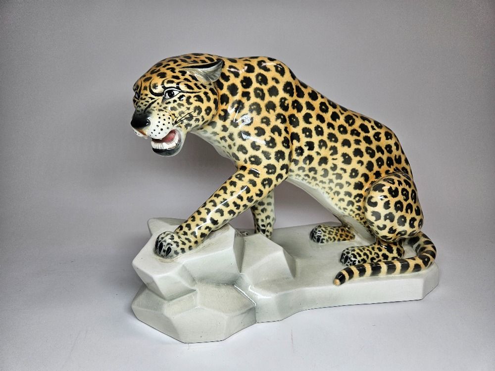 German Art Deco Katzhutte Ceramic Statue of a Lepard 1930s