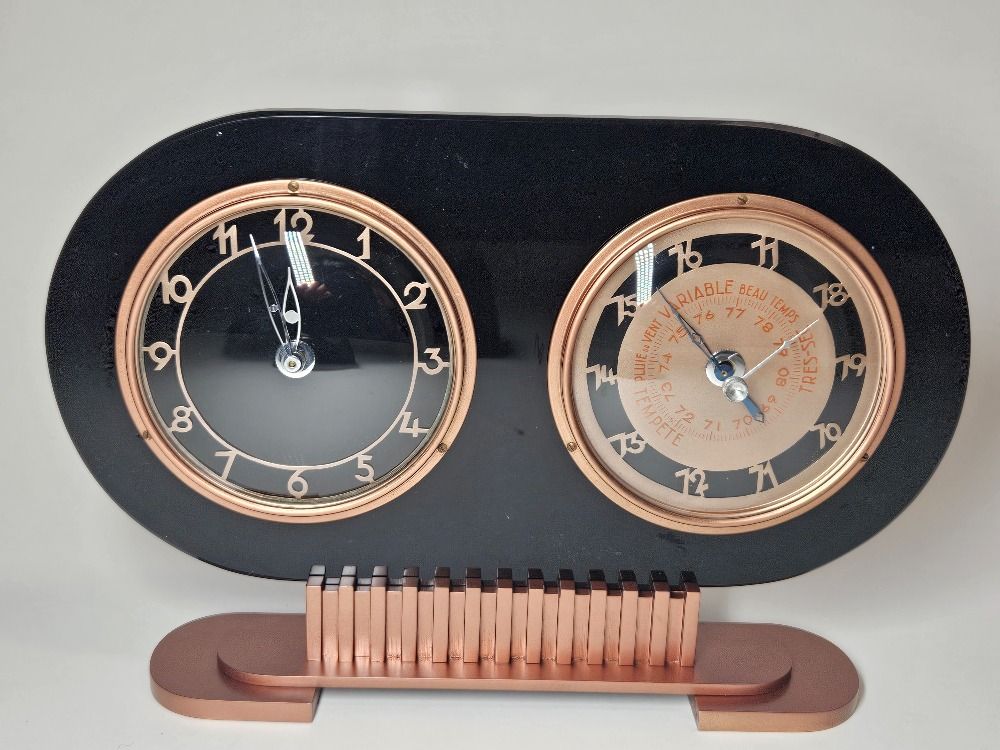 Art Deco French Glass and Coper Working Clock With Barometer 1930s