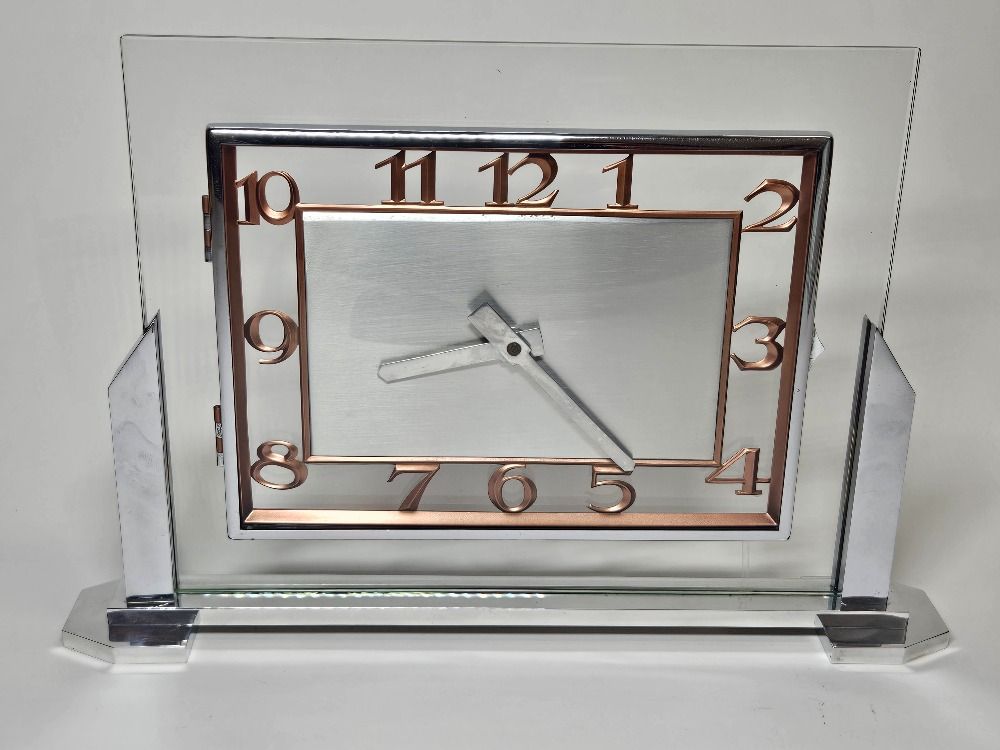 Art Deco French Chrome with Glass Working Clock 1930s